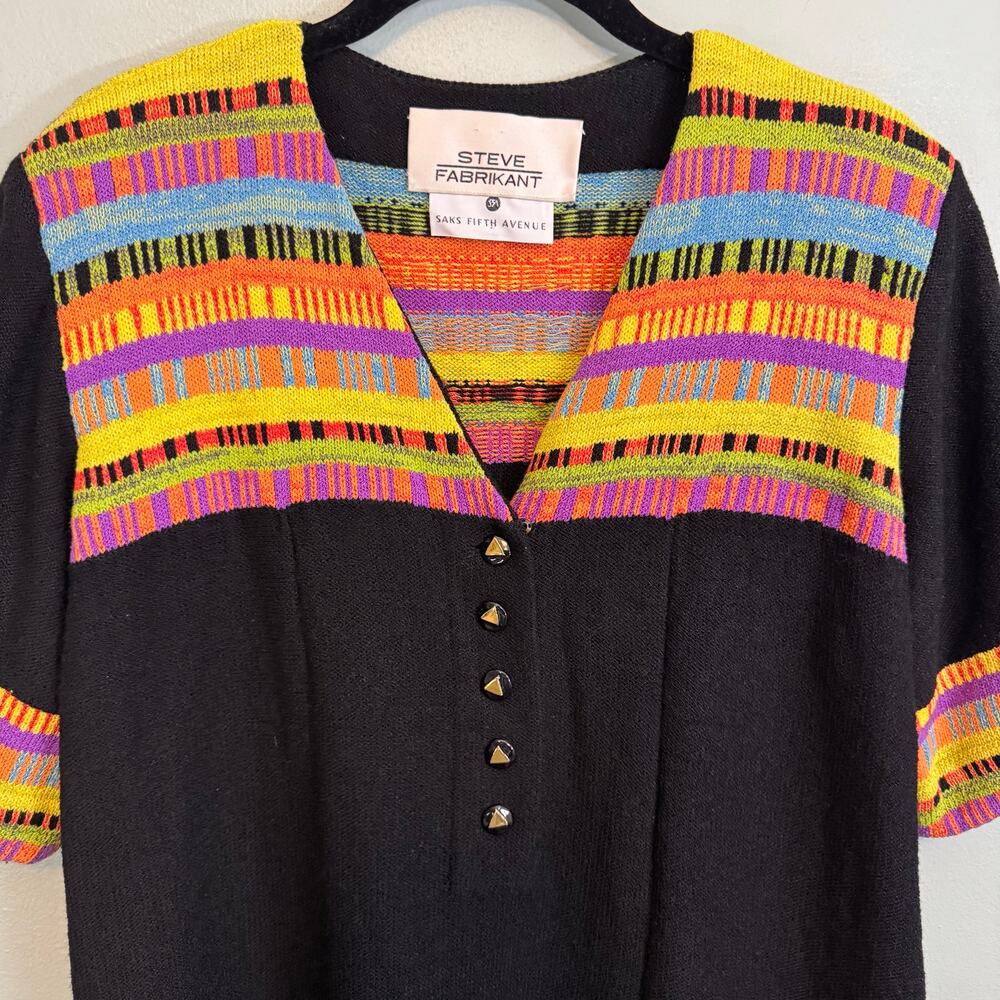 Vintage Steve 80s Fabrikant Wool Sweater Dress Large Black Colorful Retro Unique - Picture 5 of 9